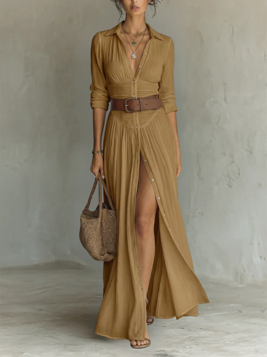 Sela-Vestido largo con cuello de solapa y mangas largas de lino