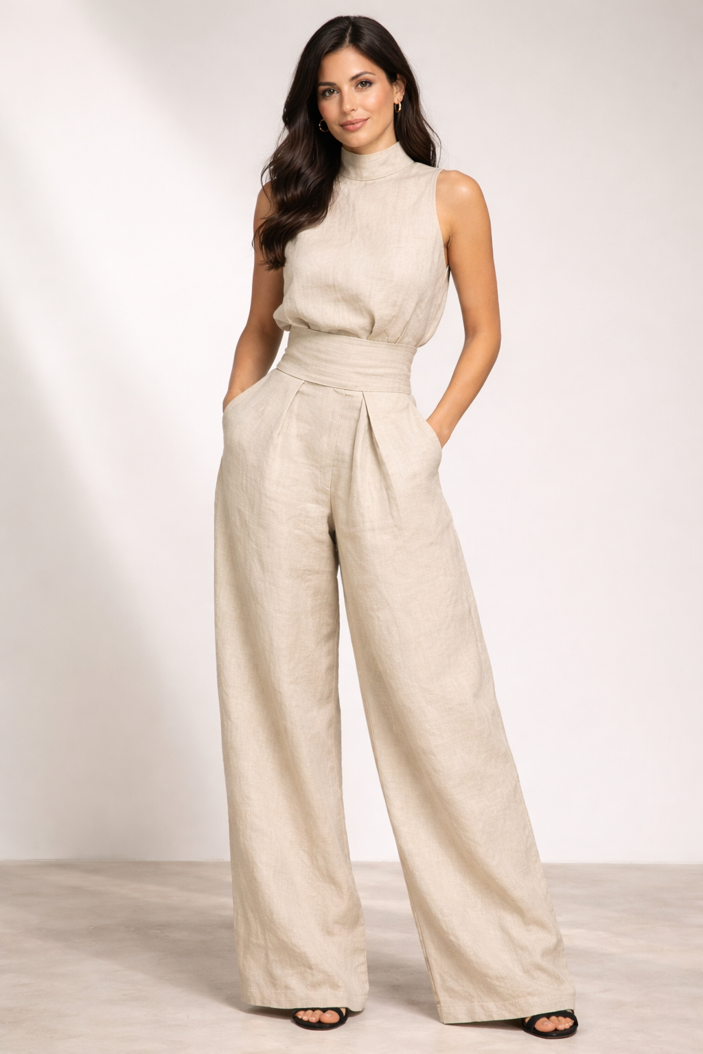 Bella-Conjunto de blusa sin mangas- pantalones anchos de algodón y lino minimalista