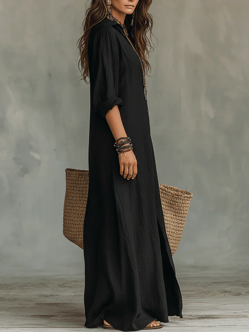 Soline | Vestido largo holgado con cuello en V y botones