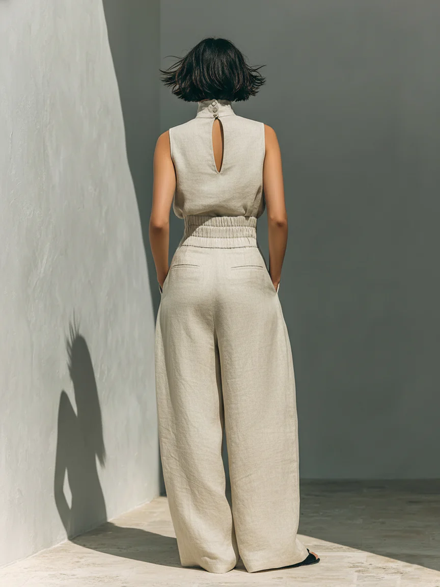Bella-Conjunto de blusa sin mangas- pantalones anchos de algodón y lino minimalista