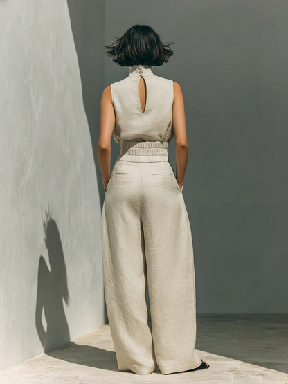 Bella-Conjunto de blusa sin mangas- pantalones anchos de algodón y lino minimalista