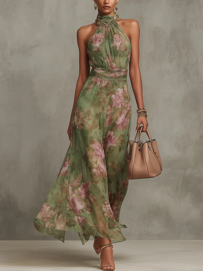 SERENA - Vestido largo verde floral de gasa con escote halter
