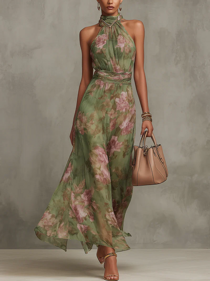 SERENA - Vestido largo verde floral de gasa con escote halter