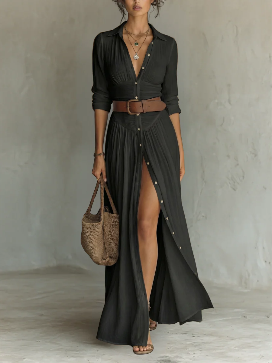 Sela-Vestido largo con cuello de solapa y mangas largas de lino