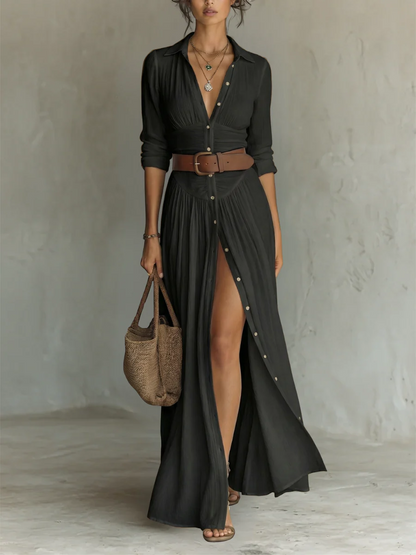 Sela-Vestido largo con cuello de solapa y mangas largas de lino