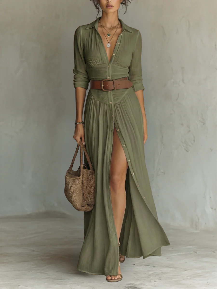 Sela-Vestido largo con cuello de solapa y mangas largas de lino