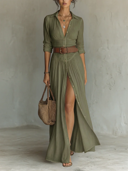 Sela-Vestido largo con cuello de solapa y mangas largas de lino