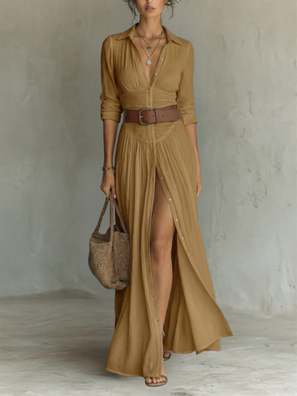 Sela-Vestido largo con cuello de solapa y mangas largas de lino