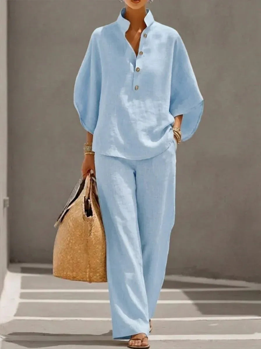 Maribel-Conjunto de lino con mangas murciélago y pantalón ancho