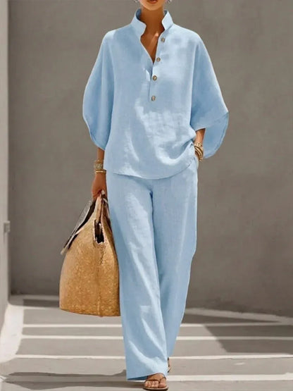 Maribel-Conjunto de lino con mangas murciélago y pantalón ancho