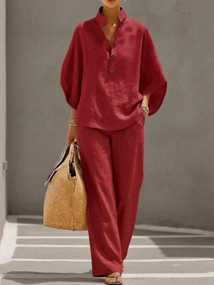 Maribel-Conjunto de lino con mangas murciélago y pantalón ancho