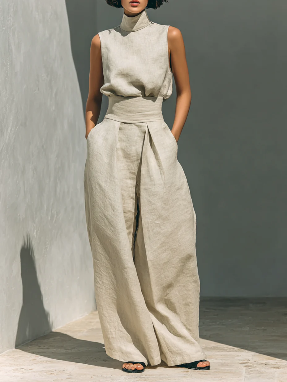 Bella-Conjunto de blusa sin mangas- pantalones anchos de algodón y lino minimalista
