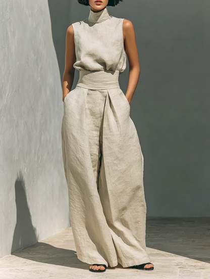 Bella-Conjunto de blusa sin mangas- pantalones anchos de algodón y lino minimalista
