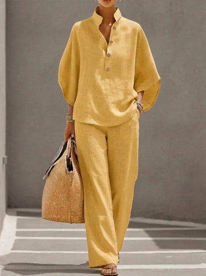 Maribel-Conjunto de lino con mangas murciélago y pantalón ancho