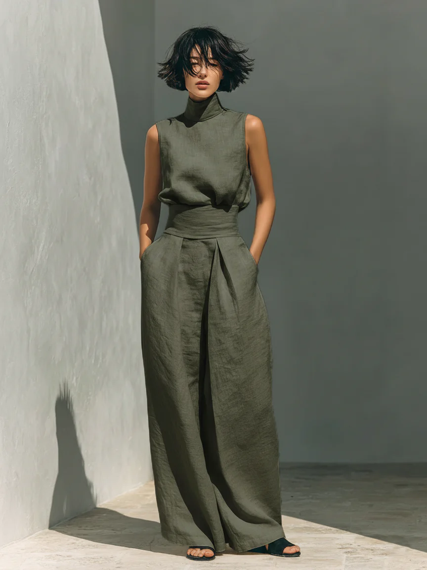 Bella-Conjunto de blusa sin mangas- pantalones anchos de algodón y lino minimalista
