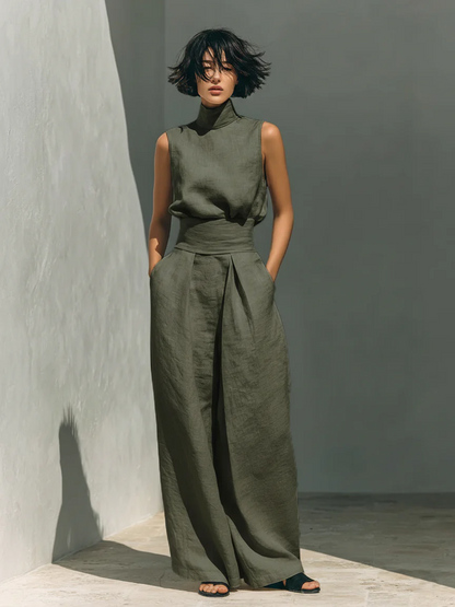 Bella-Conjunto de blusa sin mangas- pantalones anchos de algodón y lino minimalista