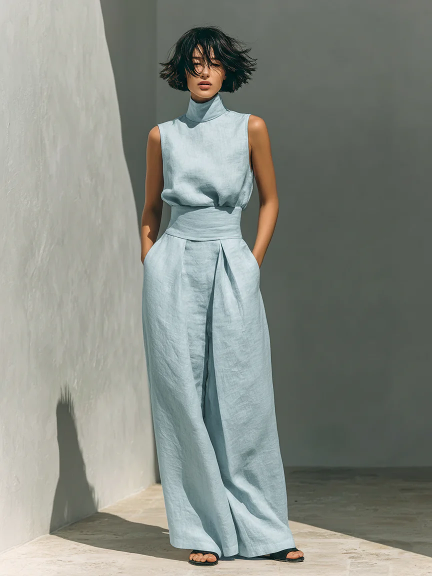 Bella-Conjunto de blusa sin mangas- pantalones anchos de algodón y lino minimalista