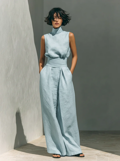 Bella-Conjunto de blusa sin mangas- pantalones anchos de algodón y lino minimalista