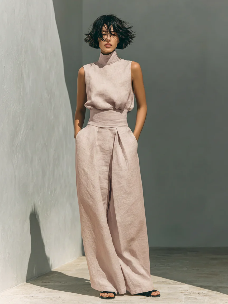 Bella-Conjunto de blusa sin mangas- pantalones anchos de algodón y lino minimalista
