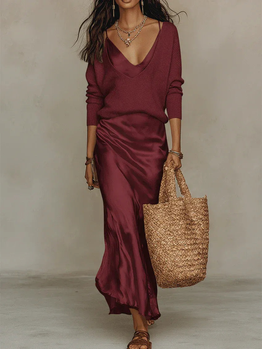Elena | Vestido midi satinado con jersey