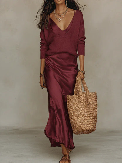 Elena | Vestido midi satinado con jersey