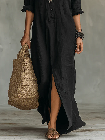 Soline | Vestido largo holgado con cuello en V y botones