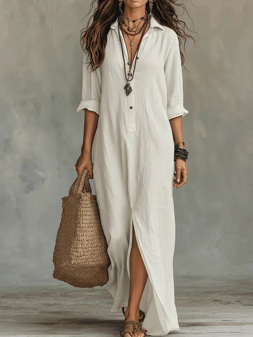 Soline | Vestido largo holgado con cuello en V y botones