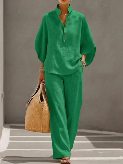 Maribel-Conjunto de lino con mangas murciélago y pantalón ancho