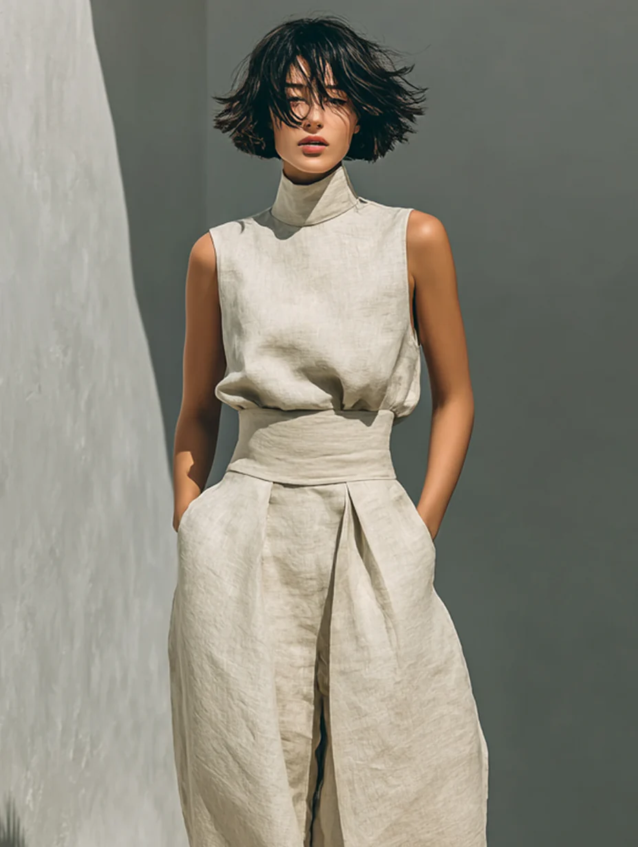 Bella-Conjunto de blusa sin mangas- pantalones anchos de algodón y lino minimalista