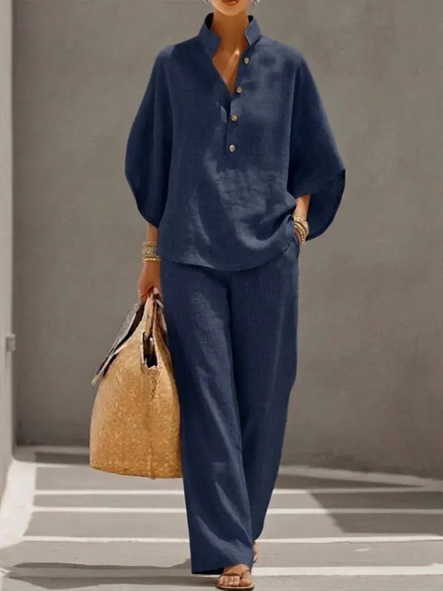 Maribel-Conjunto de lino con mangas murciélago y pantalón ancho