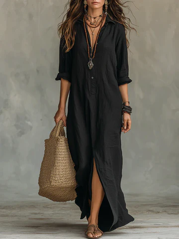 Soline | Vestido largo holgado con cuello en V y botones