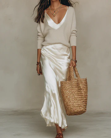 Elena | Vestido midi satinado con jersey