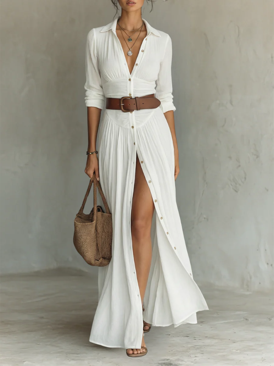 Sela-Vestido largo con cuello de solapa y mangas largas de lino