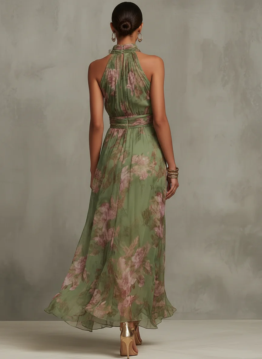 SERENA - Vestido largo verde floral de gasa con escote halter