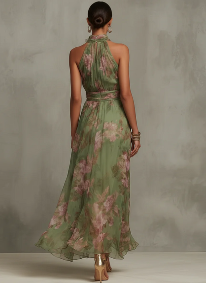 SERENA - Vestido largo verde floral de gasa con escote halter