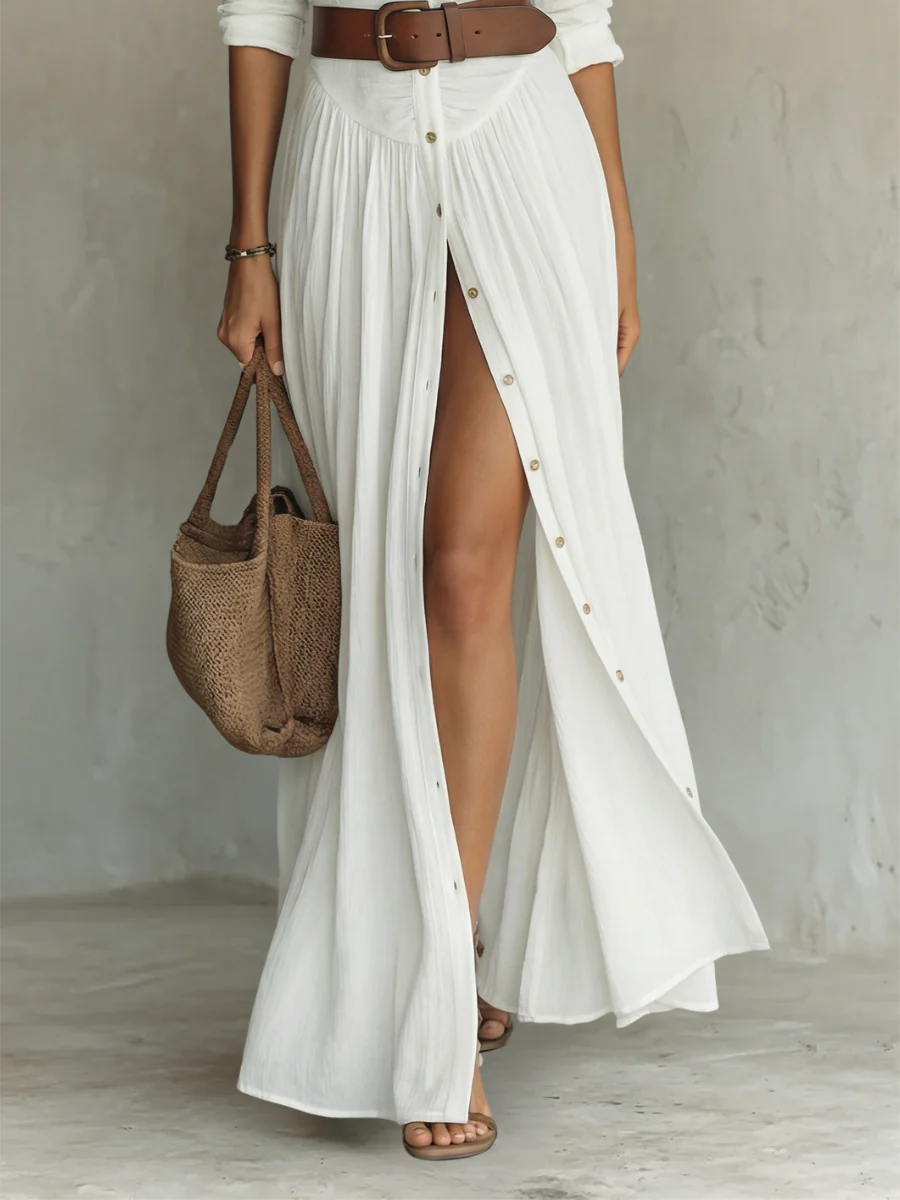 Sela-Vestido largo con cuello de solapa y mangas largas de lino