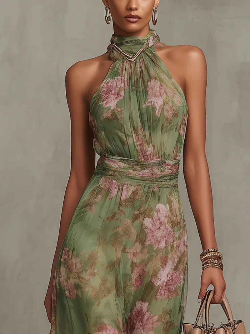 SERENA - Vestido largo verde floral de gasa con escote halter