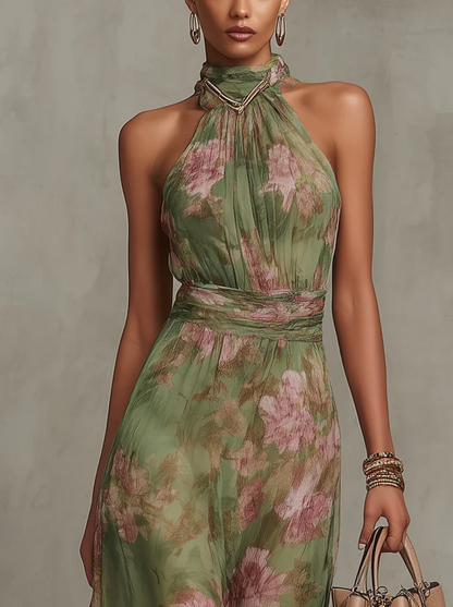 SERENA - Vestido largo verde floral de gasa con escote halter