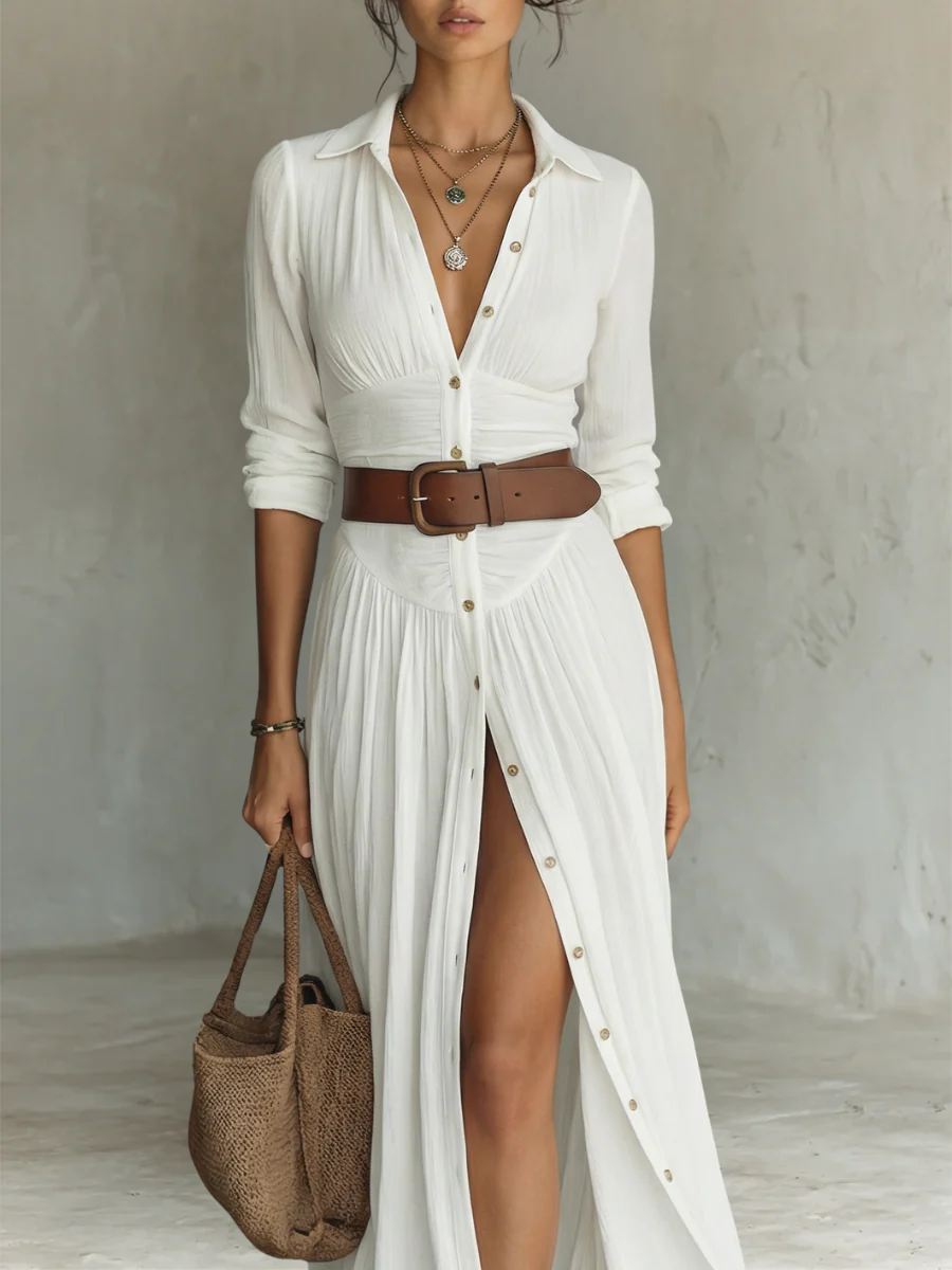 Sela-Vestido largo con cuello de solapa y mangas largas de lino