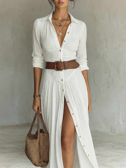 Sela-Vestido largo con cuello de solapa y mangas largas de lino