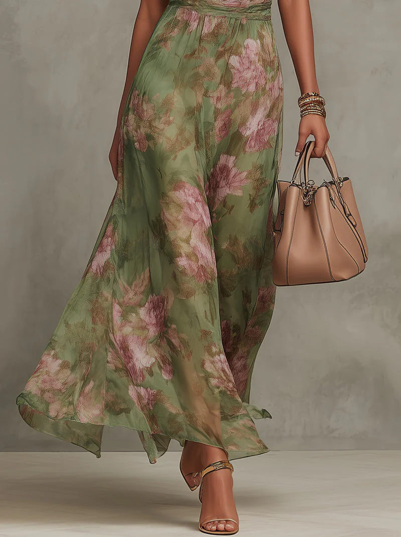 SERENA - Vestido largo verde floral de gasa con escote halter