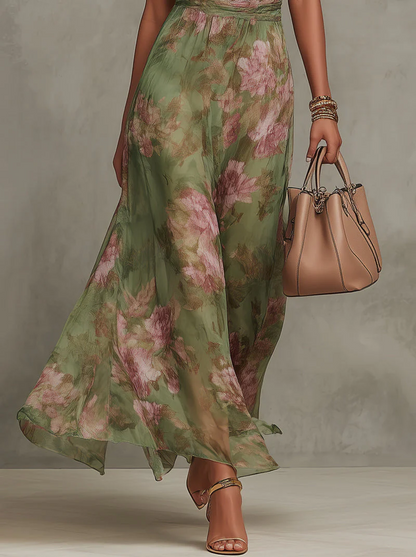 SERENA - Vestido largo verde floral de gasa con escote halter
