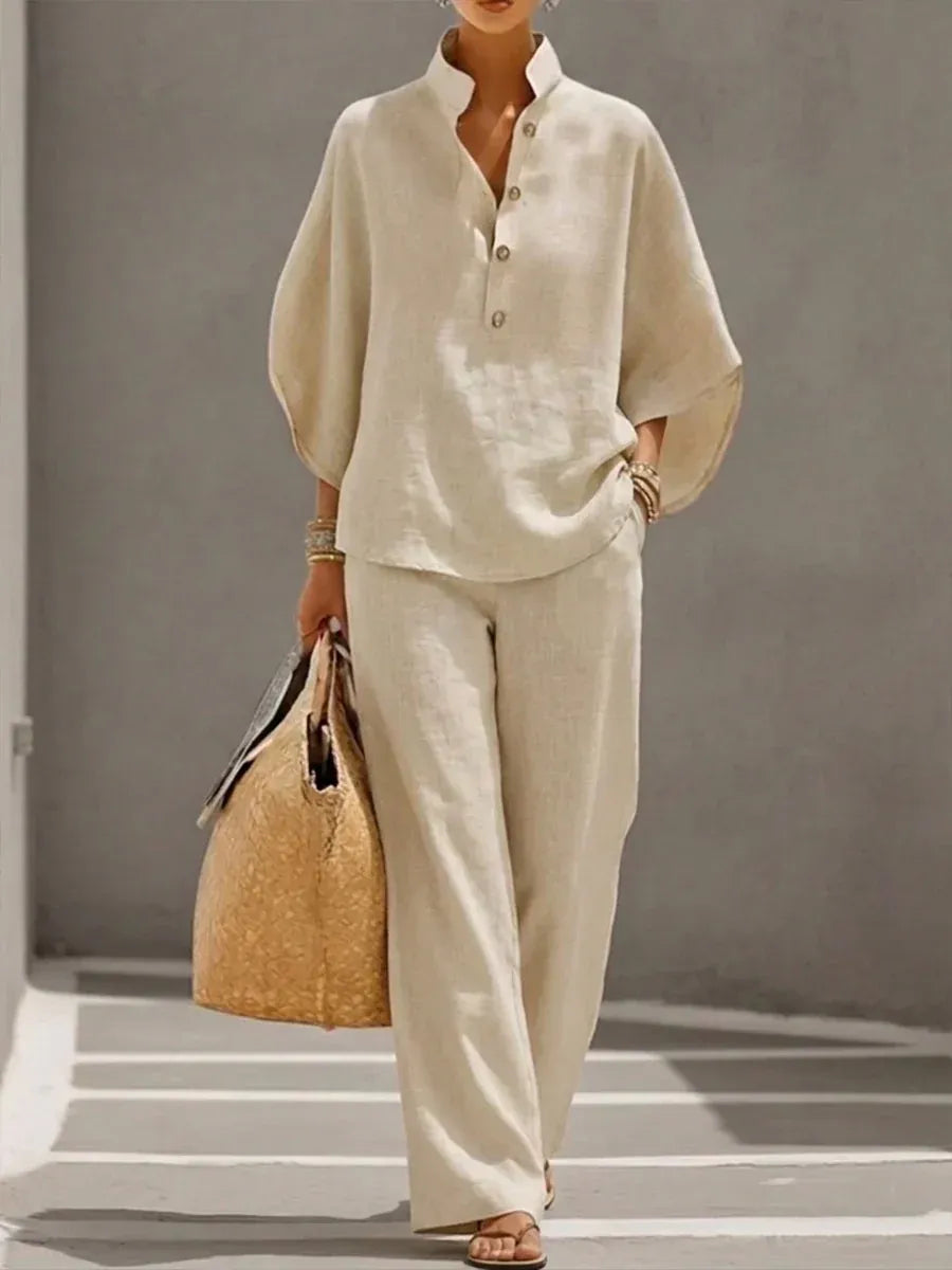 Maribel-Conjunto de lino con mangas murciélago y pantalón ancho